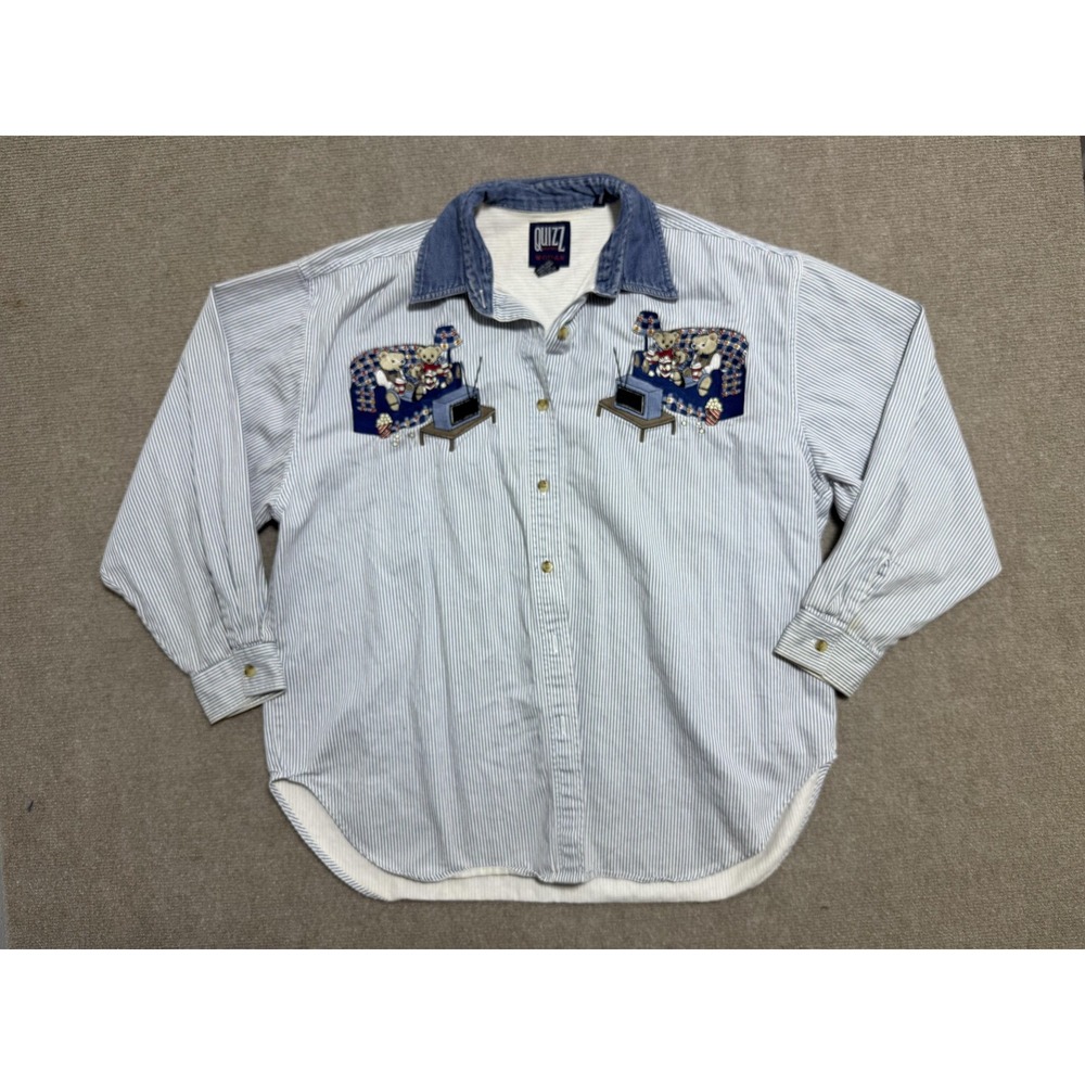 Vintage Quizz New York Shirt Womens 20 Blue White Stripe Embroidered Bears Denim